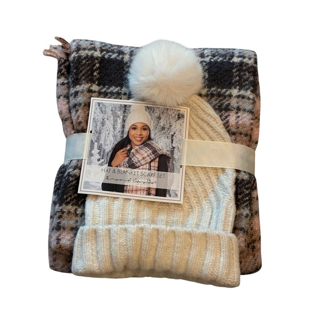 Emanuel Geraldo Womens Hat and Blanket Scarf Set Plaid Pink‎ Grey Beanie Pom Pom